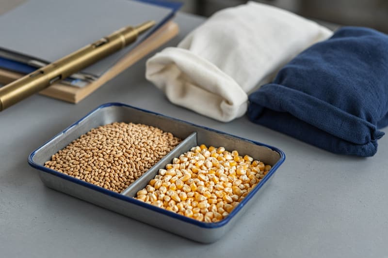 דגימות חיטה ותירס במגש דיגום, לצורכי המחשה
